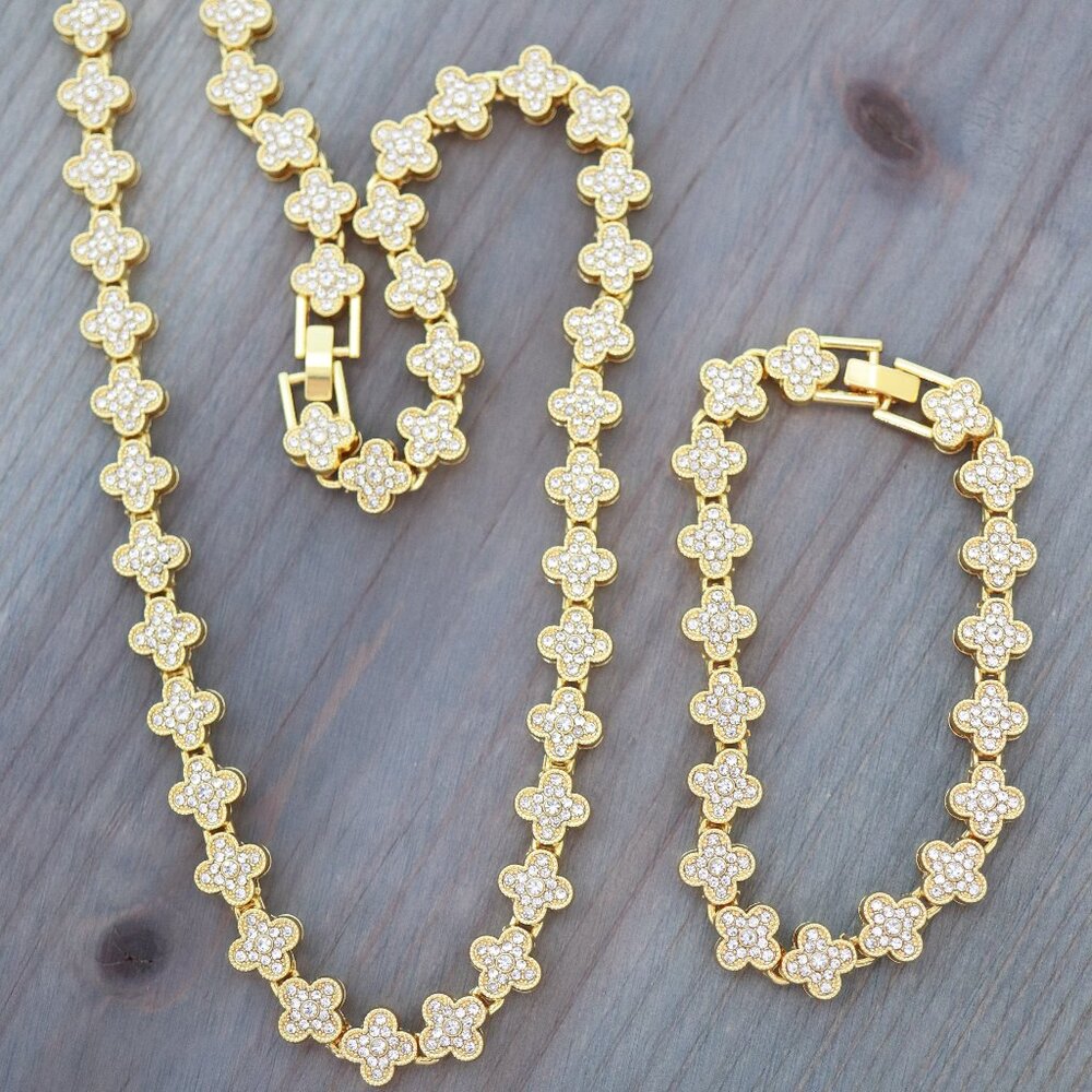 Clover Cluster CZ Diamond Tennis Style Necklace/Bracelet Jewelry Sets 18k GP